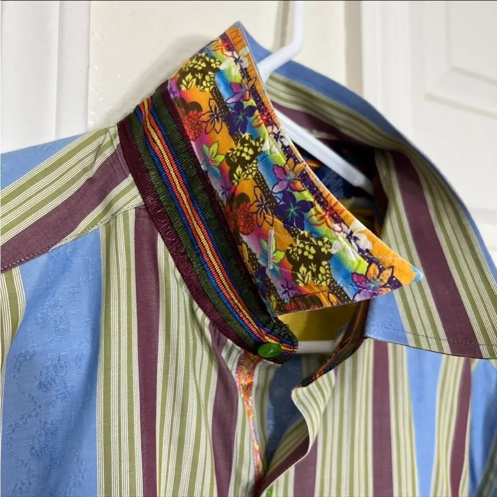 Robert Graham Button Down Shirt Flip Cuff Blue Green Striped Retro Size L
